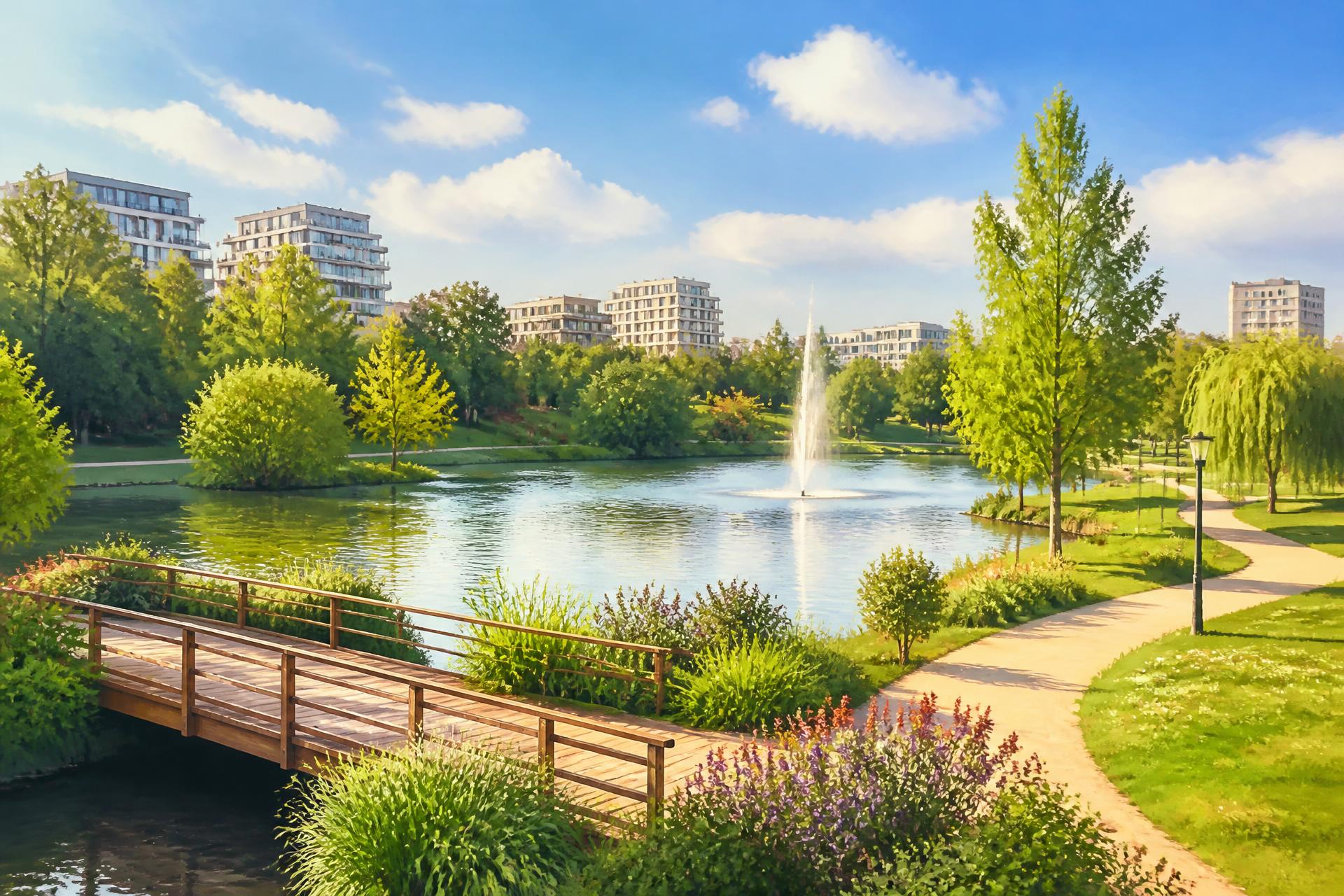 Vue aérienne de Nanterre au coucher du soleil, avec La Défense en arrière-plan