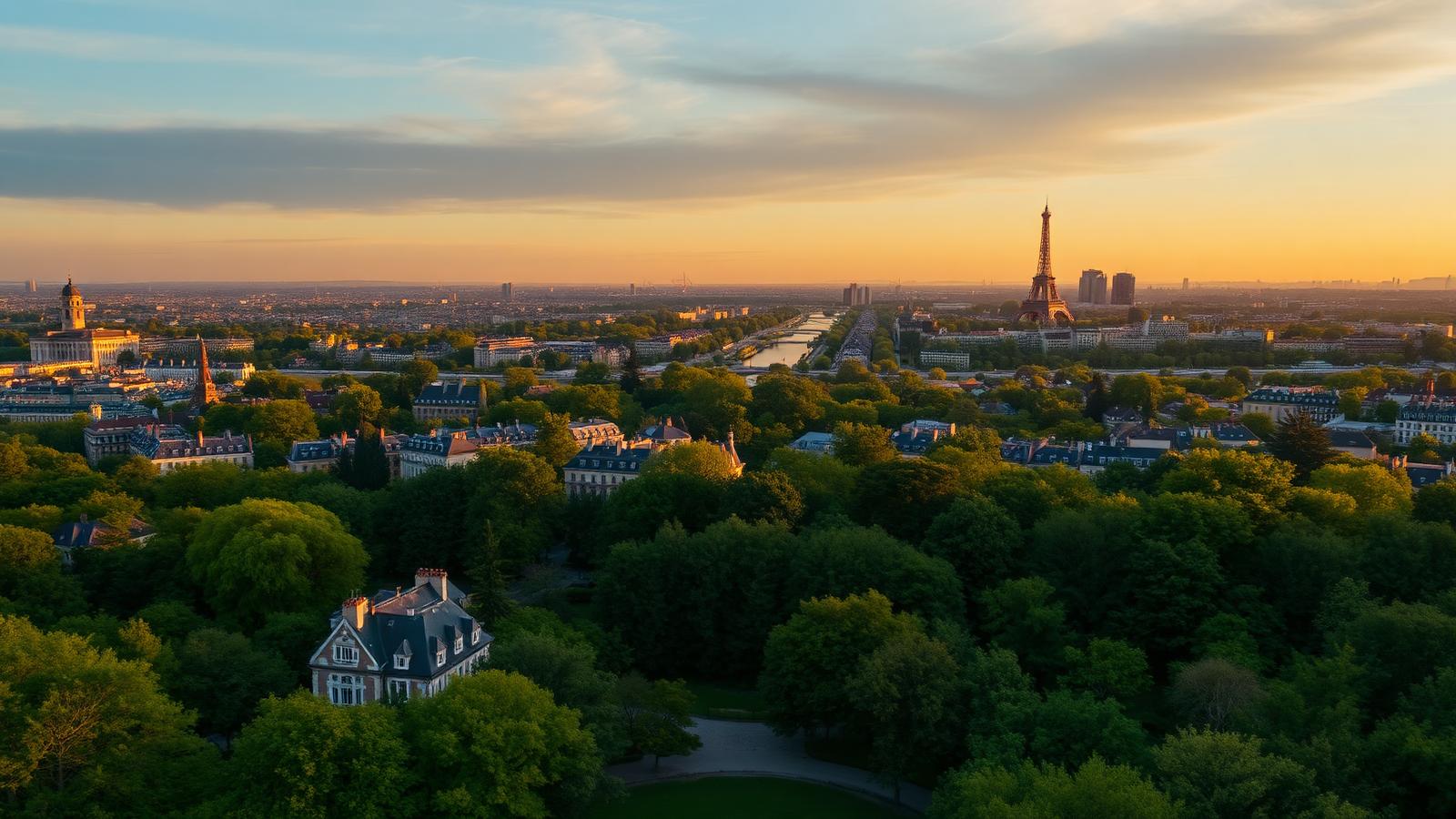 Vue aérienne de Saint-Cloud et du parc au coucher du soleil