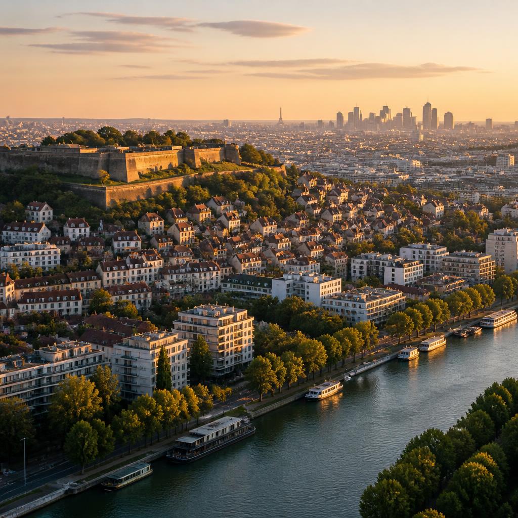 Vue aérienne de Suresnes avec Mont-Valérien et Seine au coucher du soleil