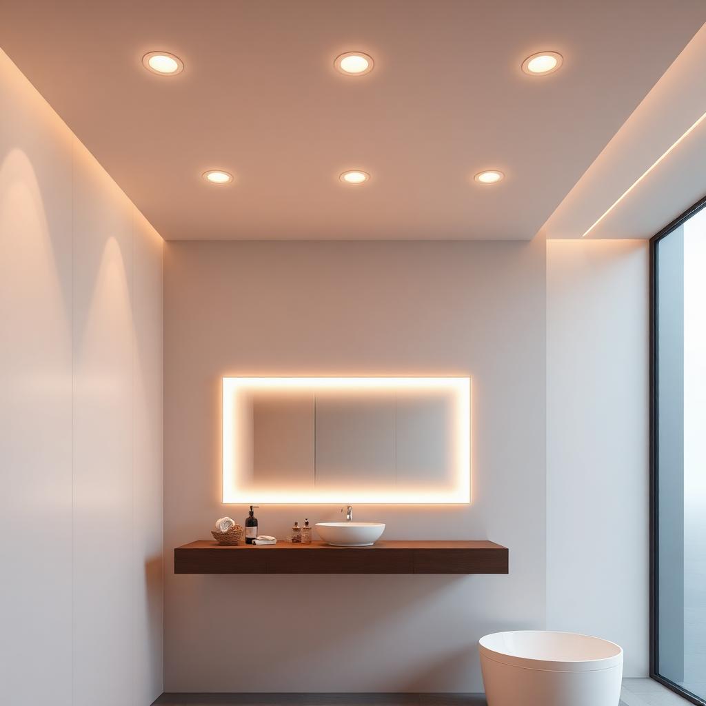 Salle de bain moderne avec spots encastrés IP65 et miroir rétroéclairé