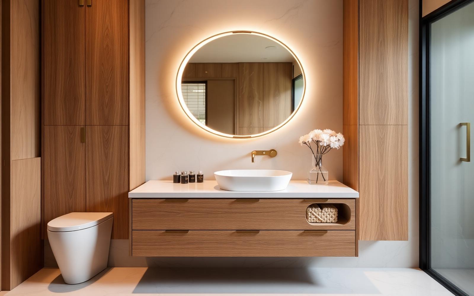 Meuble de salle de bain sur mesure en chêne avec vasque à poser et miroir rétroéclairé