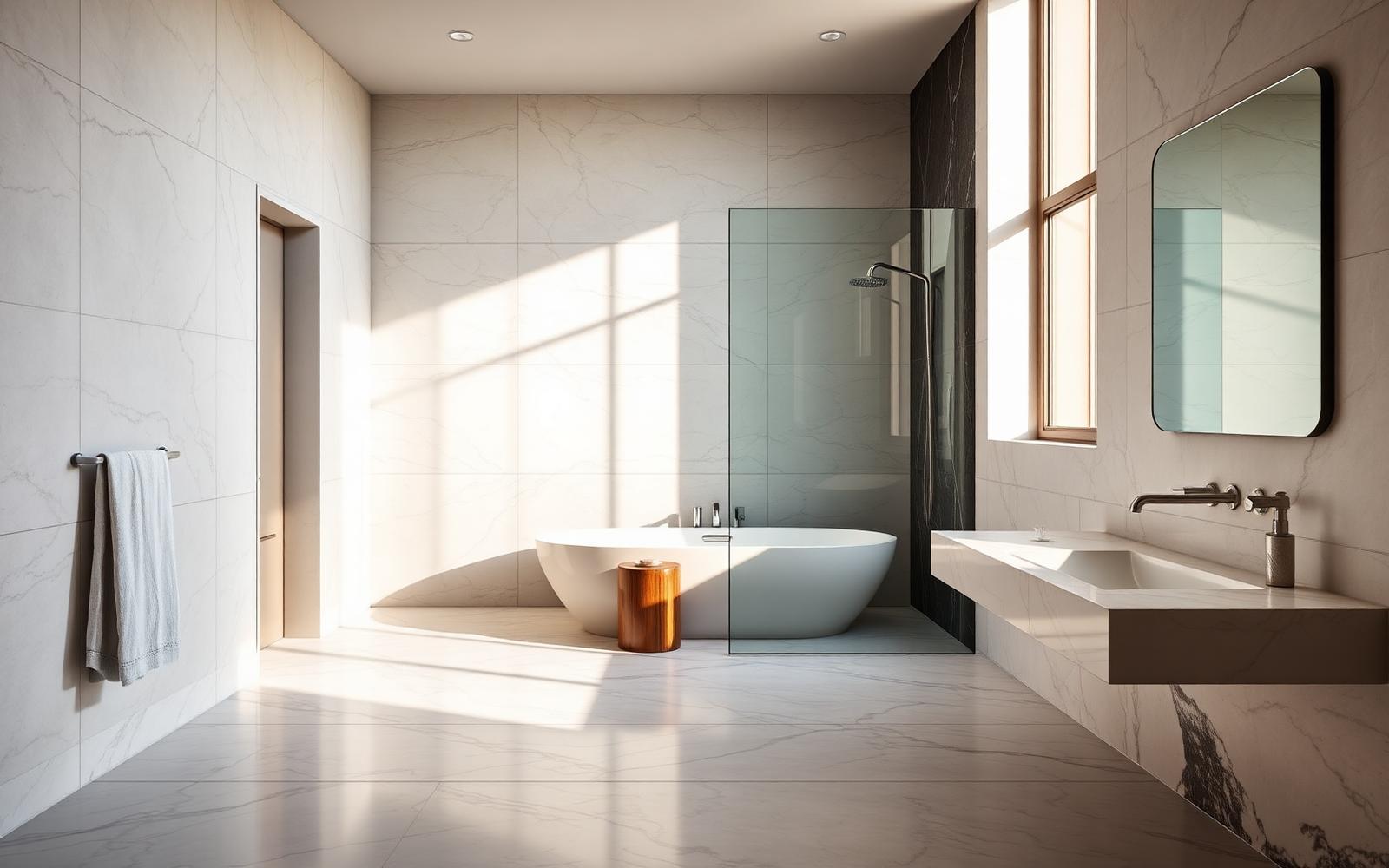 Salle de bain haut de gamme avec carrelage grand format effet marbre