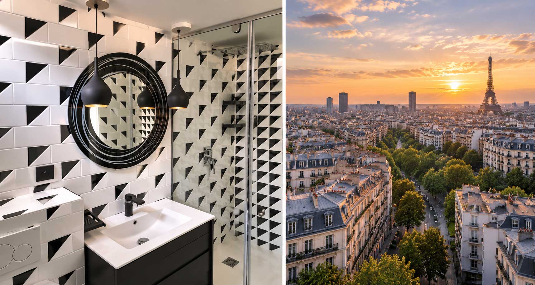 Salle de bain graphique noir et blanc rénovée dans un appartement à Paris 15e