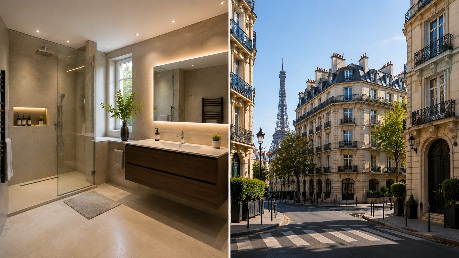 Salle de bain haut de gamme rénovée à Paris 7e, avec vue sur la Tour Eiffel