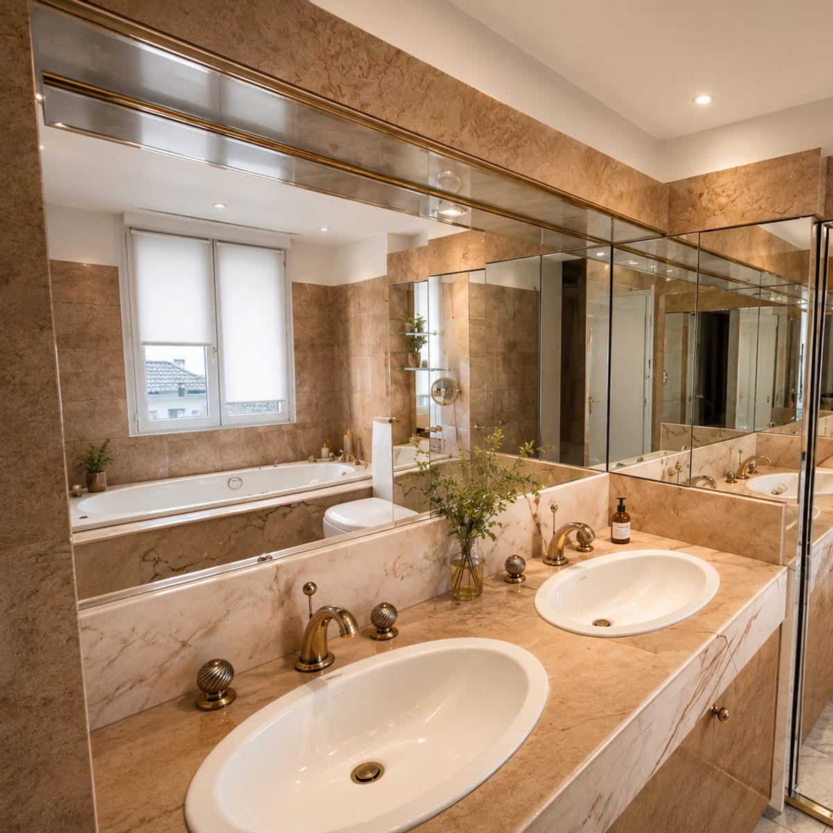 Salle de bain haussmannienne rénovée avec double vasque en marbre à Paris 16e