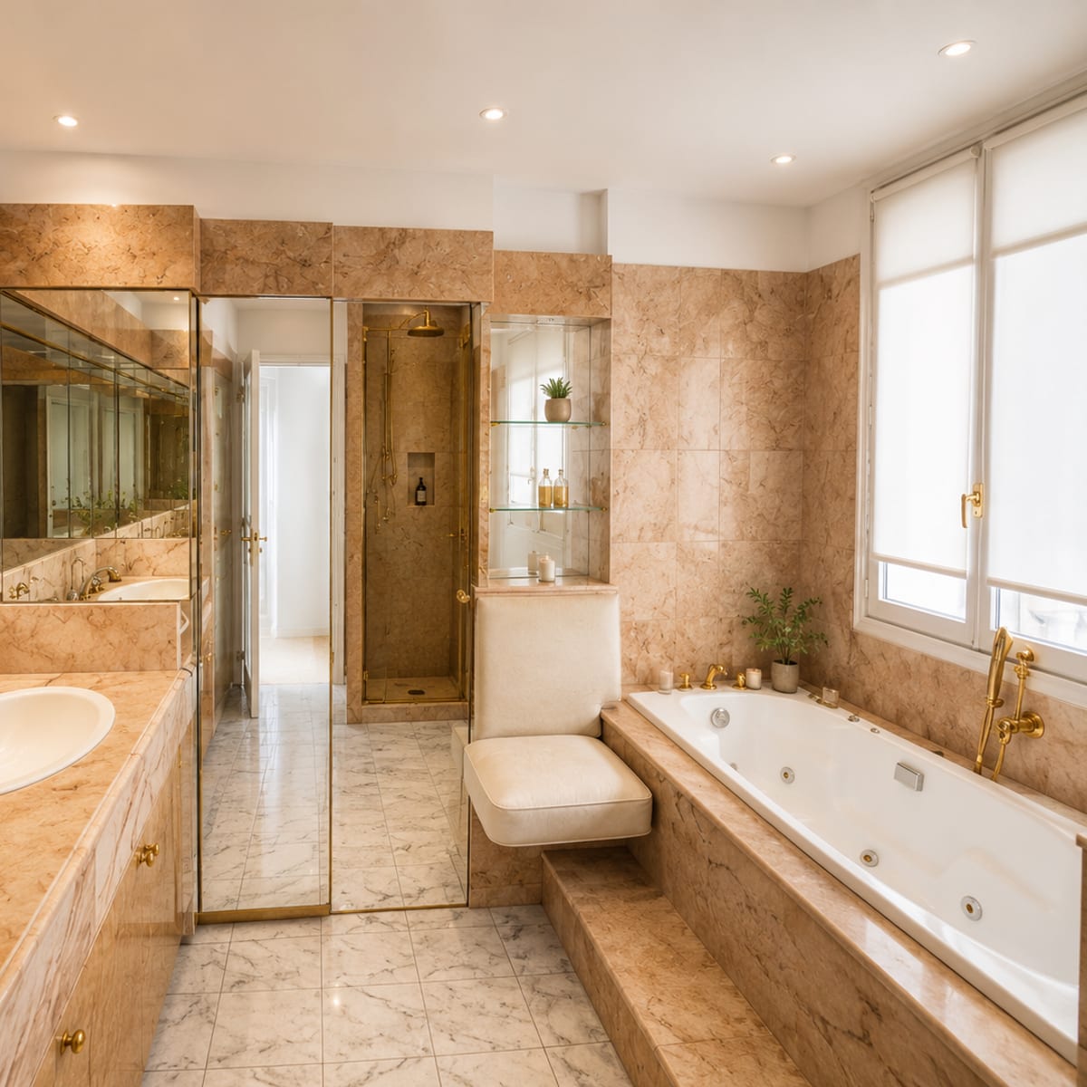 Douche à l'italienne et banquette capitonnée, rénovation salle de bain Paris 16e