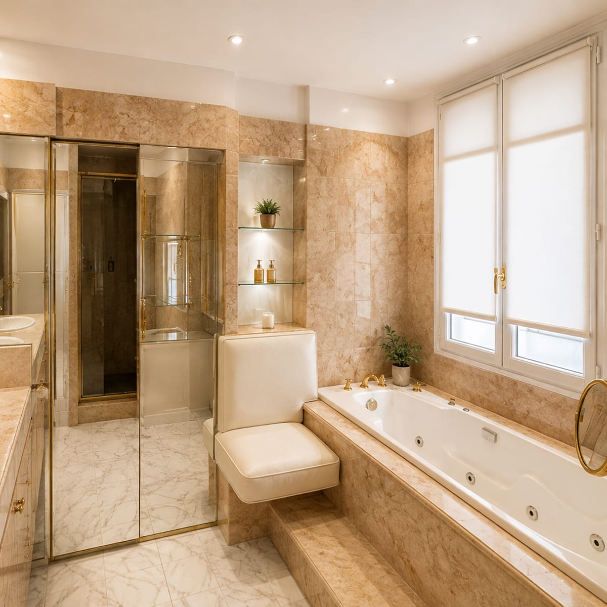 Baignoire balnéo habillée de marbre, salle de bain haut de gamme Paris 16e