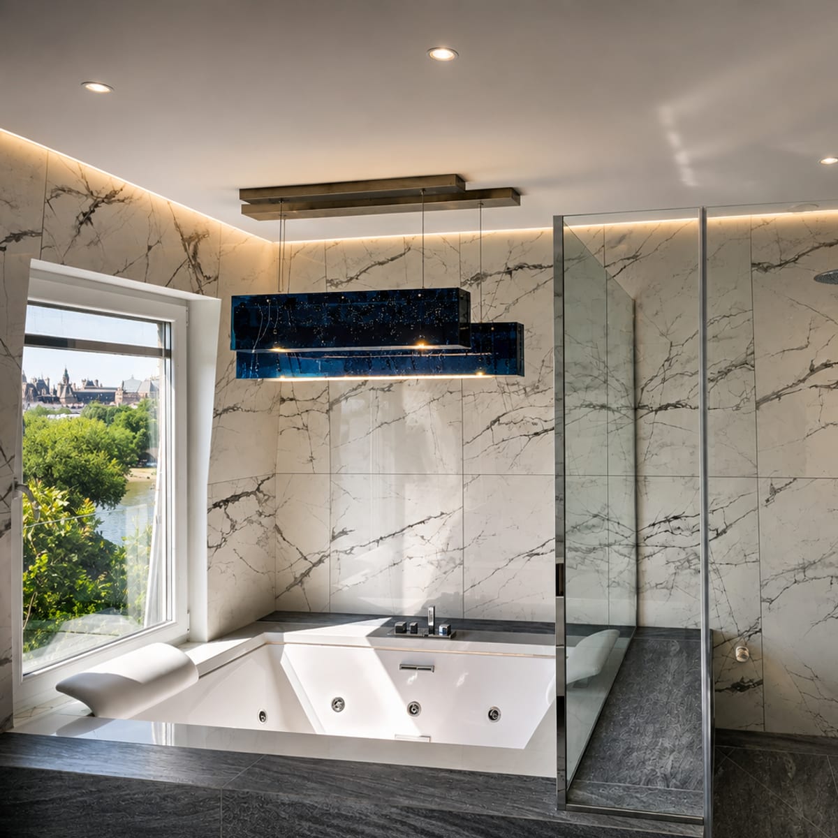 Baignoire balnéo et douche à l'italienne en marbre, rénovation salle de bain Paris 7e