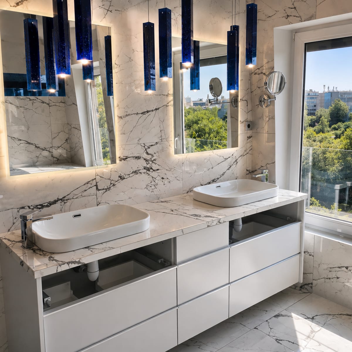 Double vasque avec vue sur les toits parisiens et le dôme des Invalides, salle de bain haut de gamme Paris 7e